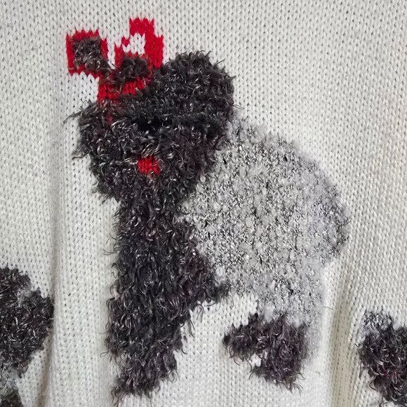 Vintage 90s Dog Sweater Fuzzy Knit Crewneck Medium White Red Poodle Holiday - Picture 3 of 8